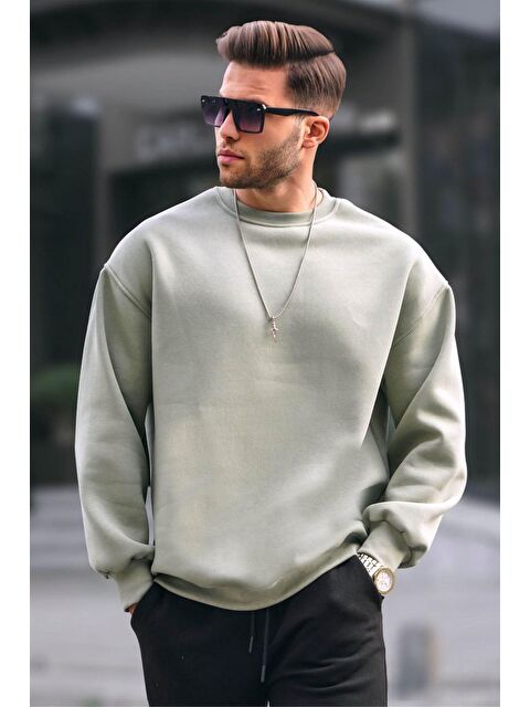 Madmext Mint Yeşili Bisiklet Yaka Oversize Şardonlu Basic Erkek Sweatshirt 6048 - S000061227-17259