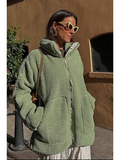Madmext Mint Yeşili Dik Yakalı Cepli Peluş Mont Mg1966 - S000117335-17259