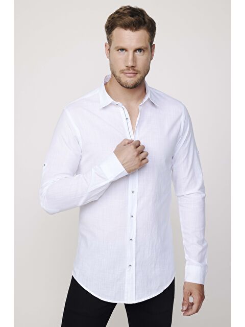 TUDORS Slim Fit Uzun Kol Apoletli Keten Düz Beyaz  Erkek Gömlek