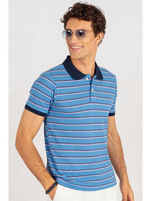 TUDORS Slim Fit Çizgili Polo Yaka Pike  Mavi Tişört