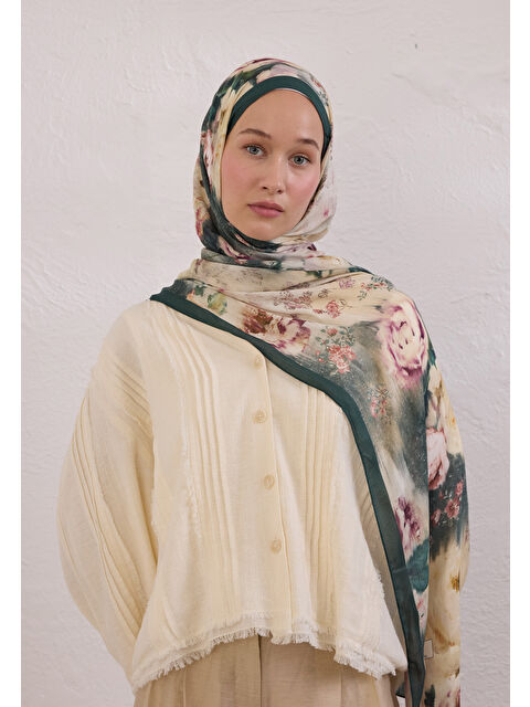 Fresh Scarfs Vıntage Rose Desen Rami Şal Yeşil