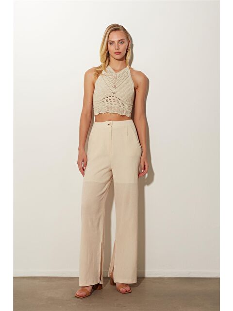 Sherin Ekru Yüksek Bel Geniş Paça Keten Yırtmaçlı Pantolon - S000018058-19965