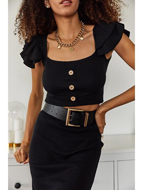 Xhan Siyah Kolları Fırfırlı Düğmeli Bluz 2KXK2-45658-02 - S000038334-19351