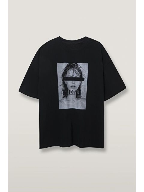 Madmext Siyah Oversize Baskılı Kadın Tişört Mg1764 - S000029498-19351