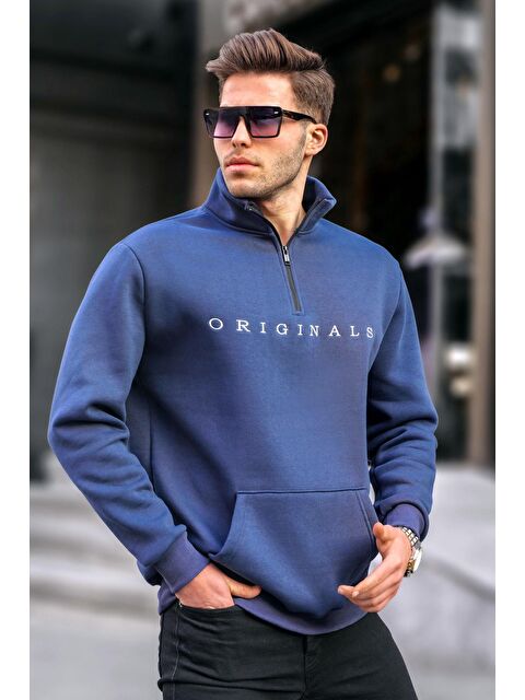 Madmext Lacivert Fermuar Yaka Nakışlı Sweatshirt 6028 - S000061451-21164