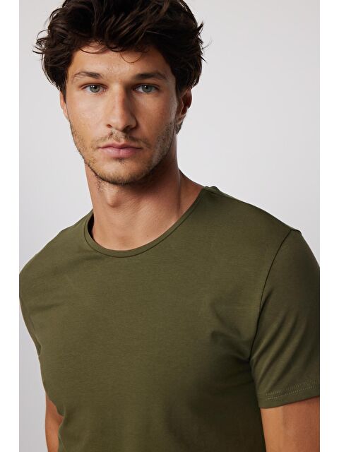 TUDORS Slim Fit Bisiklet Yaka Düz Basıc Kısa Kol Haki Tişört - S000063438-18547