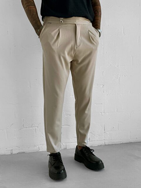 Abluka Online Erkek Ayarlanabilir Tokalı Pileli Kumaş Pantolon Bej - S000418075-19928