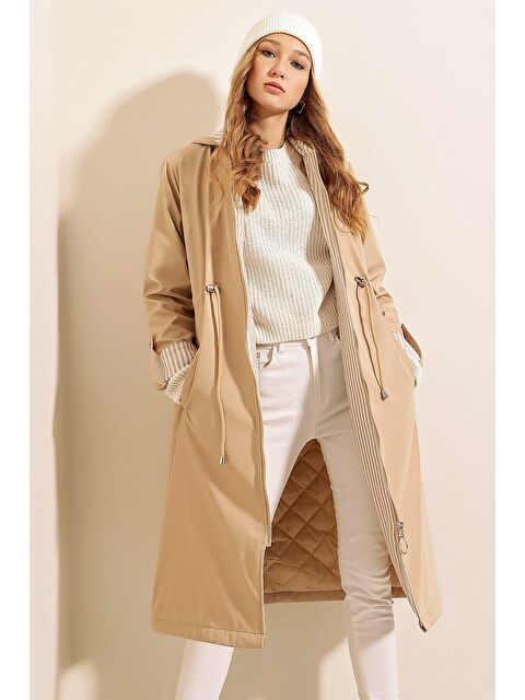 Hazelin Kadın BEJ Beli Büzgülü Kapüşonlu Uzun Trençkot HZL22W-BD190911 - S000040347-19928