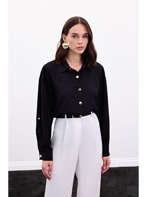 SATEEN Çıtçıt Detaylı Gömlek - Siyah - S000499958-19351