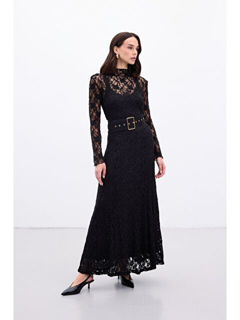 SATEEN Dantelli Uzun Etek - Siyah - S000499964-19351