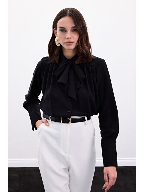SATEEN Fularlı Gömlek - Siyah - S000499963-19351