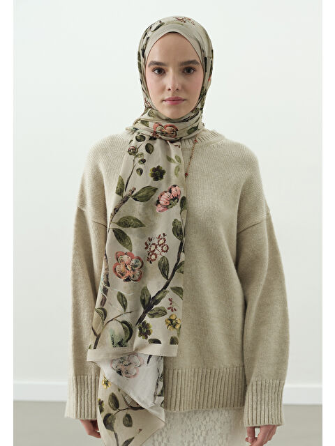 Fresh Scarfs Bej Flower Raın Desenli Pamuk Viskon Şal