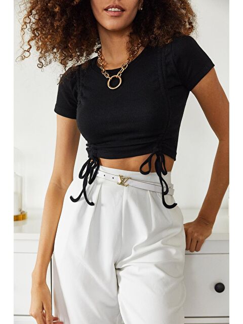 Xhan Siyah Çift Büzgülü Kısa Kol Bluz 1KZK2-11172-02 - S000038349-19351