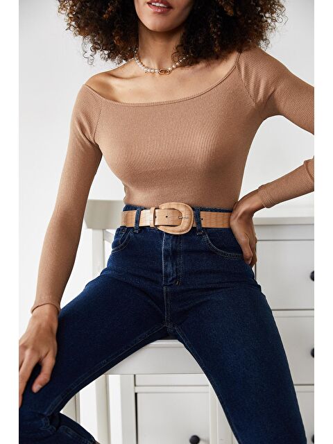 Xhan Kahverengi Kayık Yaka Fitilli Bluz 1KZK2-11368-18 - S000038351-19413