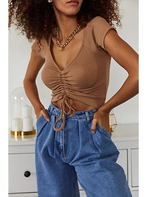 Xhan Kahverengi Önü Büzgülü Kısa Kol Bluz 1KZK2-11167-18 - S000038355-19413