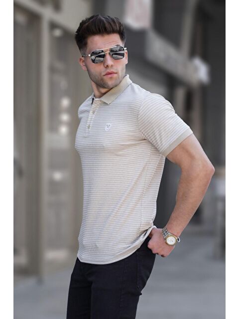 Madmext Bej Çizgili Polo Yaka Tişört 5881 - S000016166-19928