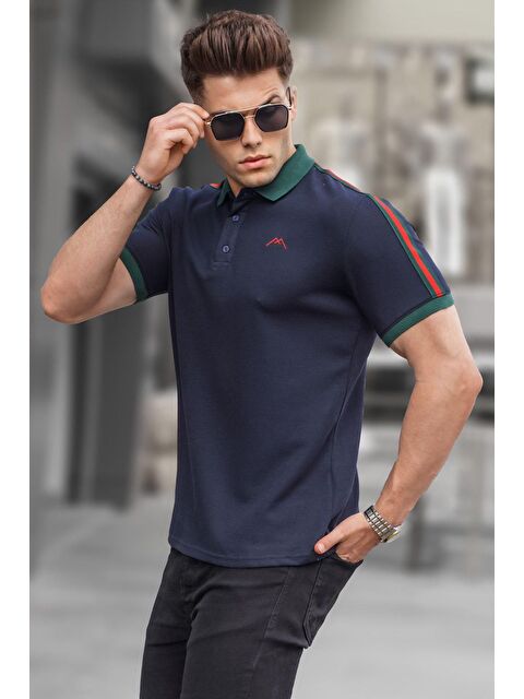 Madmext Lacivert Kol Şeritli Polo Yaka Tişört 5888 - S000016170-21164