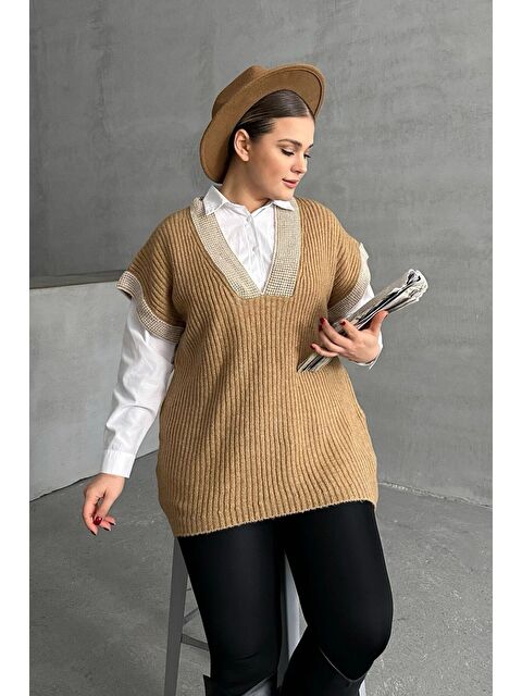 Stil Diva Büyük Beden V Yaka Kısa Kollu Triko Süveter 302135 - S000331918-29705