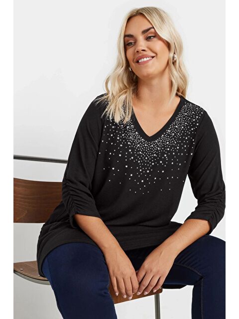 Stil Diva Büyük Beden V Yakası Taş İşlemeli Kolları Büzgülü Bluz 322223 - S000317538-19351