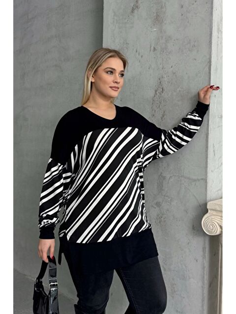 Stil Diva Büyük Beden V Yaka Uzun Kollu Bileği Lastikli Yırtmaçlı Bluz 303085 - S000339232-19351