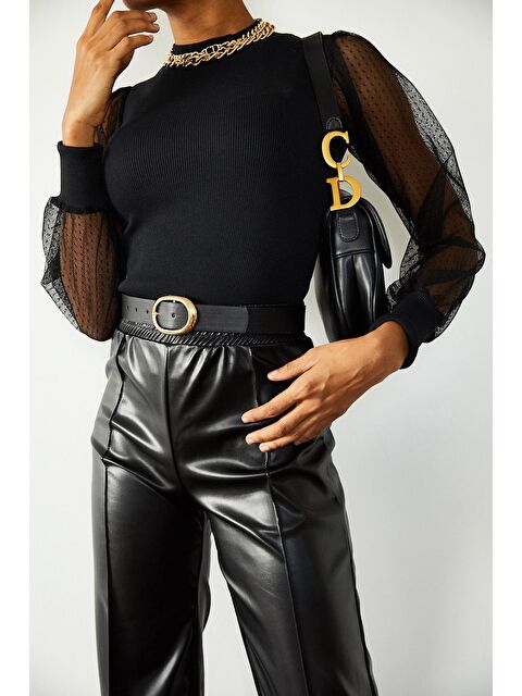 Xhan Siyah Kolları Tüllü Bluz 1YXK1-44927-02 - S000038366-19351