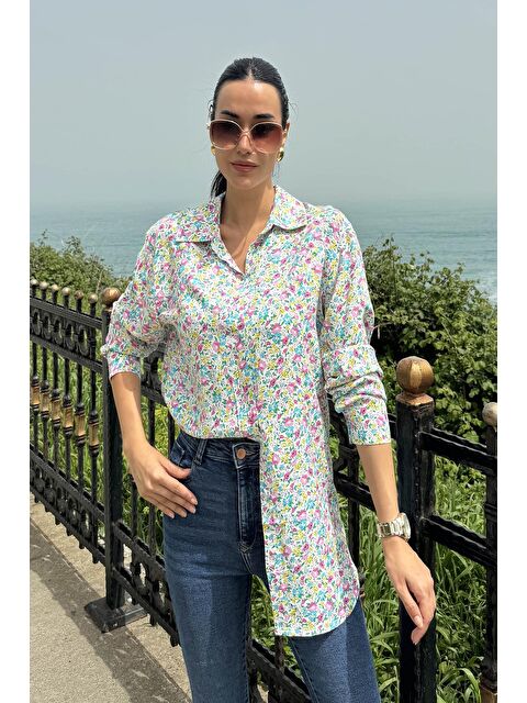 For You Moda Çiçek Desen Pembe Mavi Viskon Gömlek - S000023196-20024