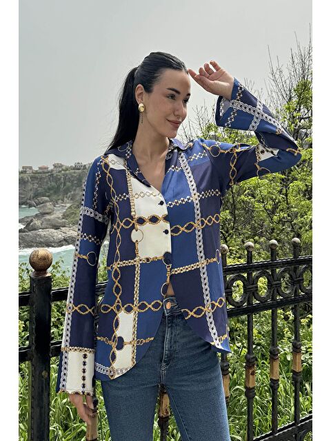 For You Moda Zincir Desenli Saks Gömlek - S000026517-23710