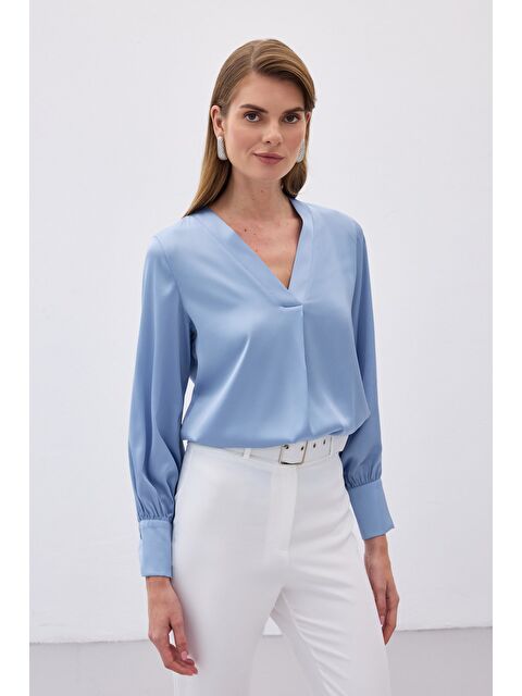 SATEEN V Yaka Saten Bluz - Bebe Mavi