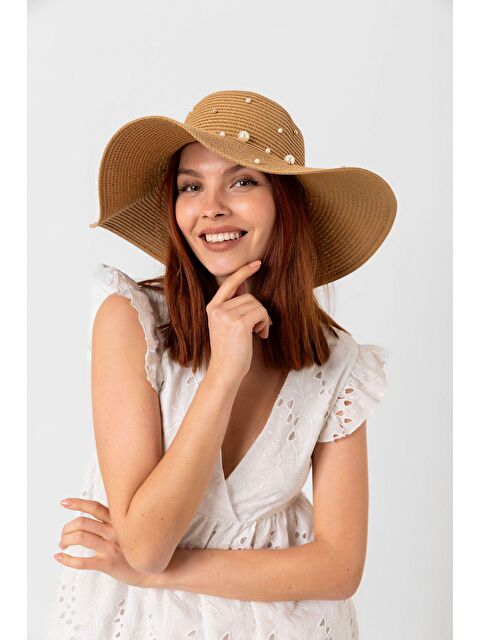 Luminos Butik Camel Incili Geniş Hasır Şapka Kutulu Gönderim Hsr2069 - S000204239-4557