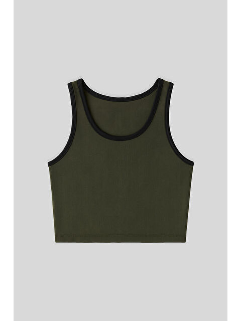 Tommylife Haki Basic Sıfır Kol Dar Kalıp U Yaka Kadın Crop Top Atlet - 97162 - S000085403-18547