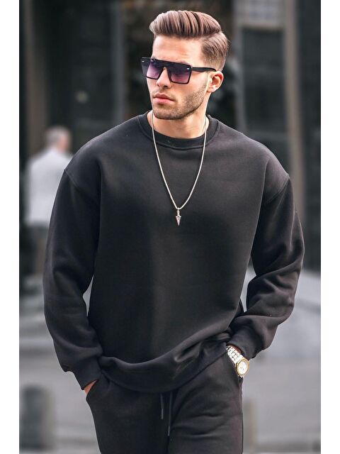 Madmext Siyah Bisiklet Yaka Oversize Şardonlu Basic Erkek Sweatshirt 6048 - S000061227-19351