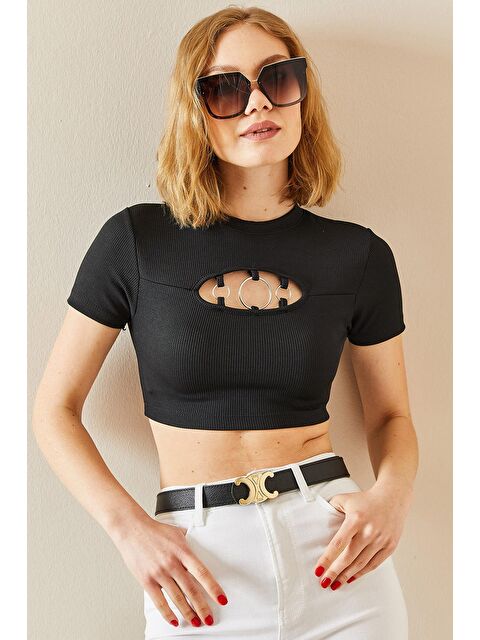 Xhan Siyah Halka Detaylı Kaşkorse Crop Bluz 3YXK2-47297-02 - S000038396-19351