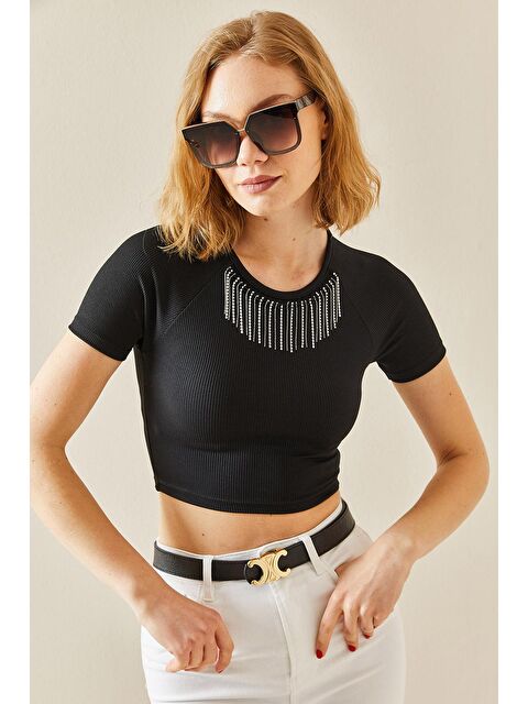 Xhan Siyah Taşlı Kaşkorse Crop Bluz 3YXK2-47296-02 - S000038397-19351
