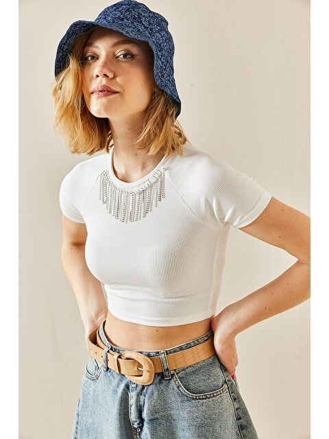 Xhan Beyaz Taşlı Kaşkorse Crop Bluz 3YXK2-47296-01 - S000038397-20063