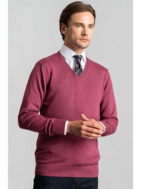 TUDORS Erkek Standart Fit Normal Kesim V Yaka Pamuklu Gül Kurusu Pembe Triko Kazak