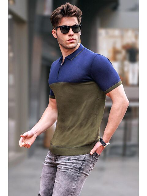 Madmext Haki Fermuarlı Polo Yaka Triko Erkek Tişört 5731