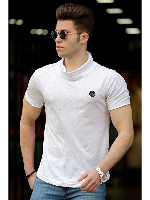 Madmext Erkek Şal Yaka Beyaz Tişört 4554