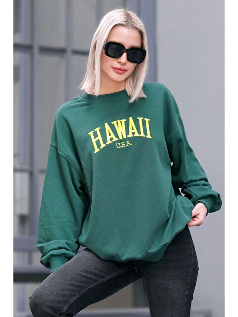 Madmext Yeşil Bisiklet Yaka Baskılı Sweatshirt Mg1922 - S000056777-18194