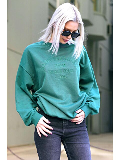Madmext Yeşil Bisiklet Yaka Baskılı Sweatshirt Mg1924 - S000056776-18194