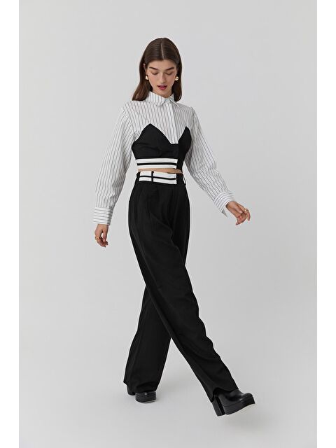 QUZU Bel Detaylı Yüksek Bel Kumaş Pantolon Siyah - S000128815-19351