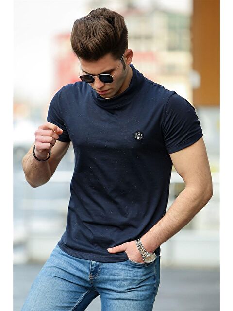 Madmext Erkek Şal Yaka Lacivert %100 Pamuk Tişört 4554