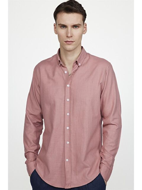 TUDORS Slim Fit Uzun Kol Biyeli Yaka Düğmeli Keten Erkek Pudra Gömlek