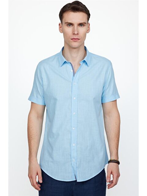 TUDORS Slim Fit Kısa Kol Cepli Biyeli Flam Pamuk Mavi Gömlek