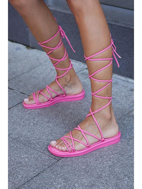 MADAMRA Sarma Bağcıklı Puf Sandalet Fuşya - S000040361-18686