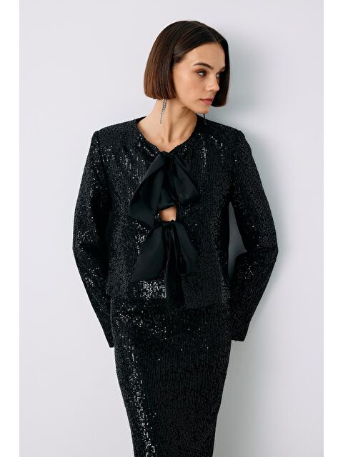 SATEEN Payetli Kısa Ceket - Siyah - S000323663-19351