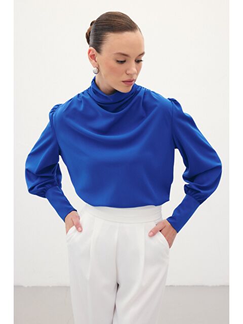 SATEEN Drape Detaylı Bluz - Sax Mavi - S000323013-23710