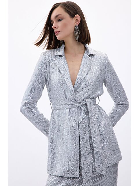 SATEEN Kuşaklı Payet Ceket - Gümüş - S000323600-18105