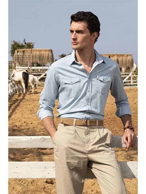 TUDORS Slim Fit Dar Kesim Çift Cep Unisex Mavi Gömlek - S000072467-17234