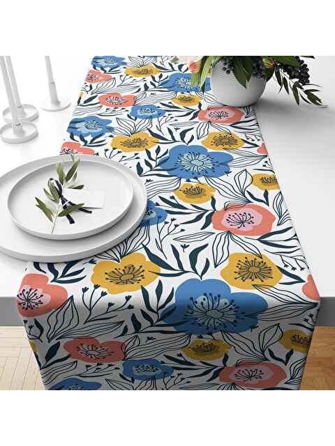 Evmila Renkli Çiçek Desenli Kadife Runner  40x140 cm - S000087706-23173