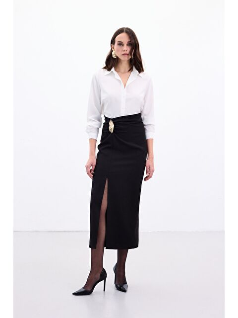 SATEEN Gold Yan Aksesuarlı Etek - Siyah - S000499957-19351